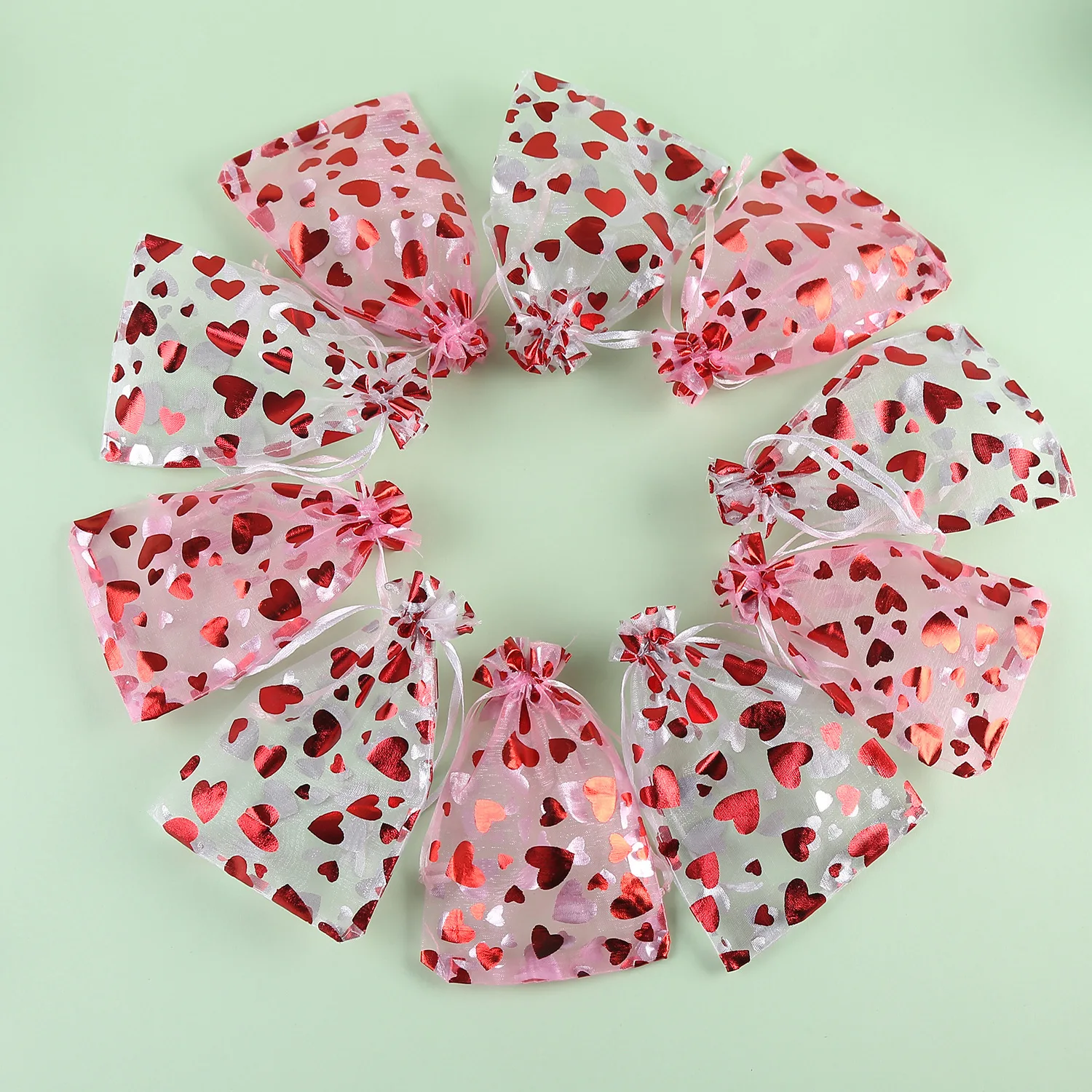 Heart Printing Drawstring Organza Bags 8x10cm 10x15cm Jewelry Packaging Bags Valentine's Day Wedding Party Gifts Pouches