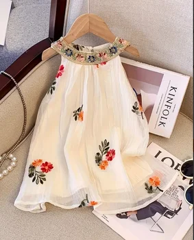 Summer New Arrival: Bohemian-Style Halter Neck Embroidered Dress Floral Embroidered Mesh Layered Sleeveless Dress for Girls Cute 1
