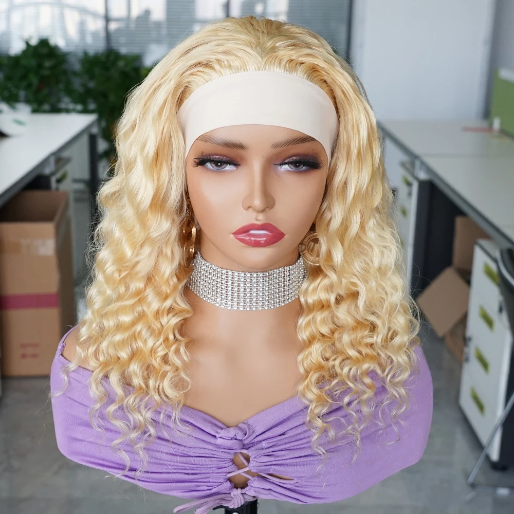 Put And Go 613 Honey Blonde Deep Wave Headband Scarf Wig For Women Indian Remy Human Hair Wigs Full Machine Made 12-26 Inch