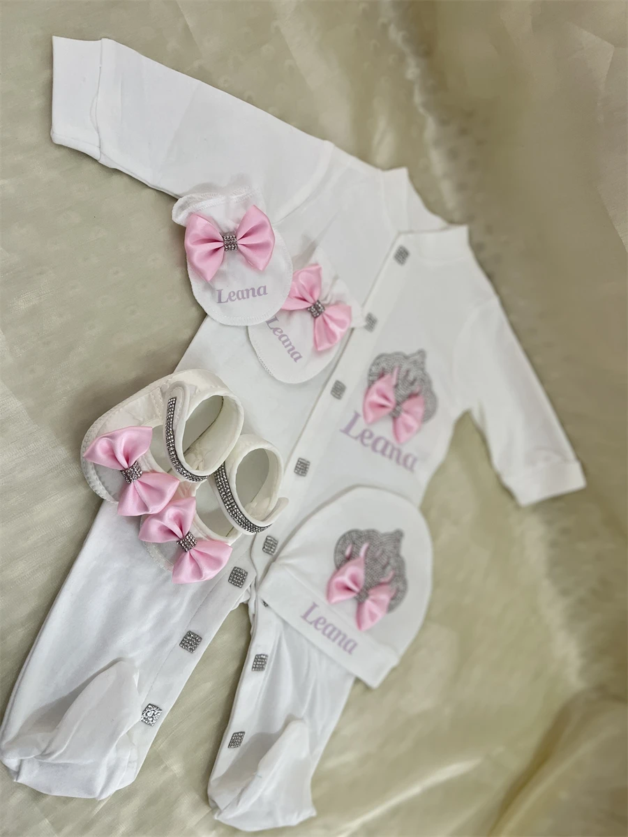 Personalized Light Pink Newborn Welcome Home Outfit Set with Crown Jewelry
