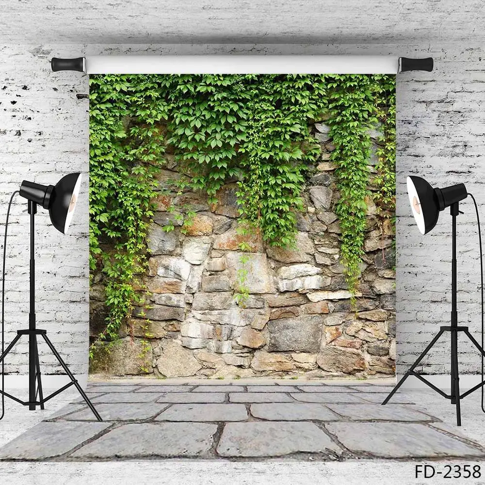 Photographic Backdrop Green Leaves Stone Wall Floor Vinyl Cloth Background for Photo Studio Children Handcraft Toy Photophone