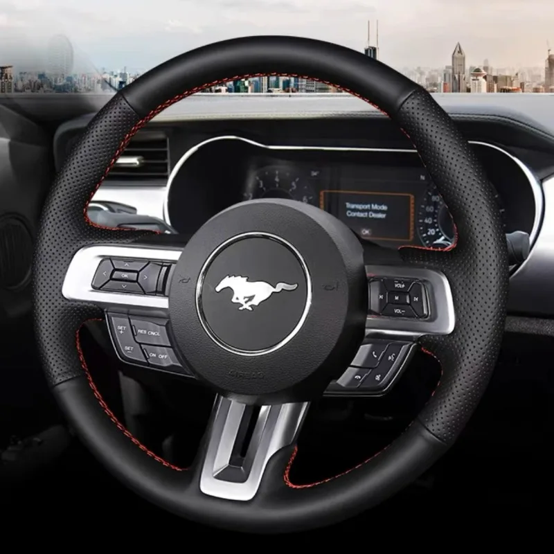 Фото Прошитый вручную нескользящий интерьер автомобиля для Ford Mustang GT 2015-2021 черная воловья кожа сделай сам №1