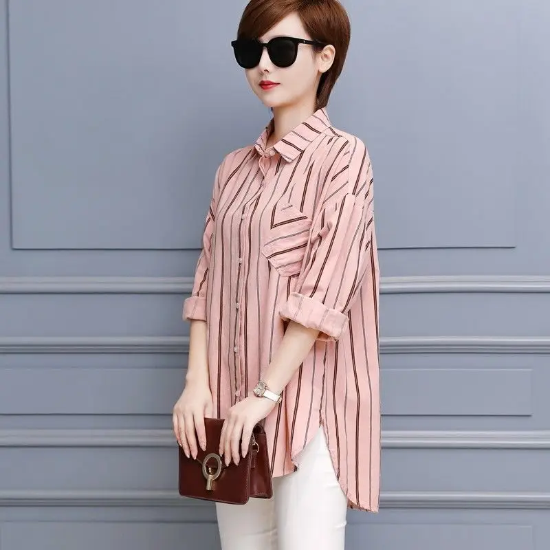 

2024 Hot Selling NewIy Striped Women Blouse Shirt Long Sleeve White Solid Loose Mid-length Square Collar Casual Tops T259