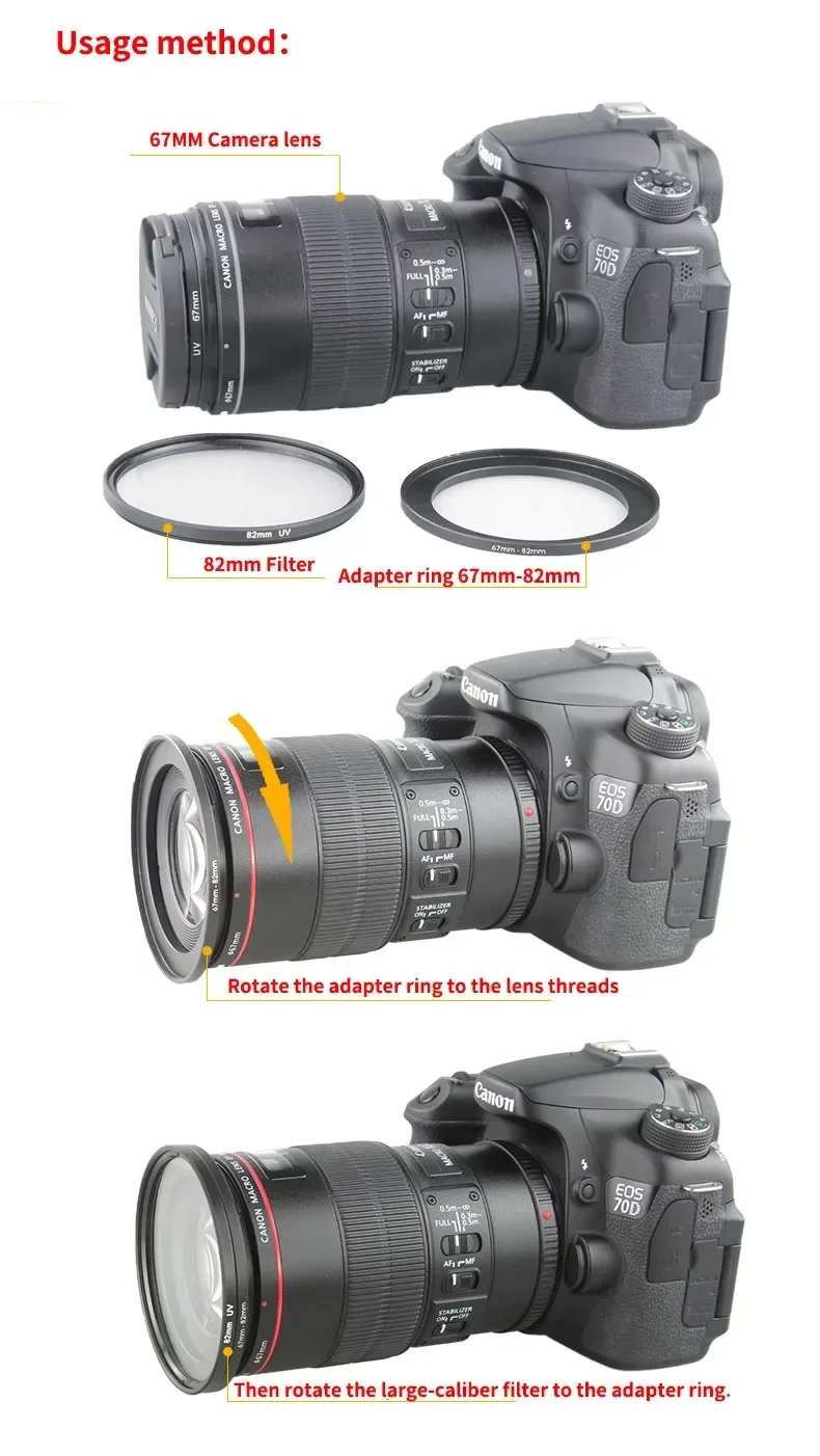 Step Up Ring Filter Camera Lens Adapter 52-67mm 52-82mm 55-58mm 55-62mm 55-82mm 58-72mm 58-77mm 58-82mm Metal Camera Adapter Set 4