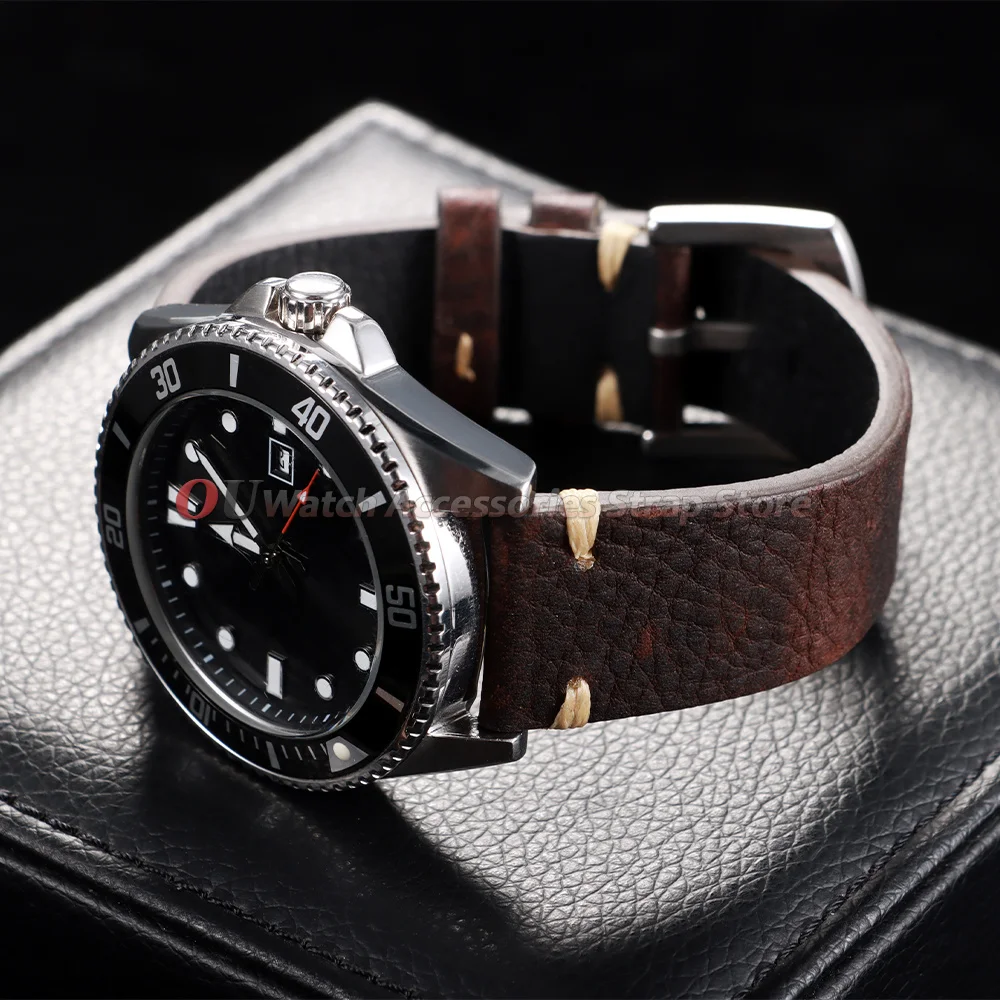 Handmade Brown & Black Cowhide Leather Watch Band Strap - Unisex