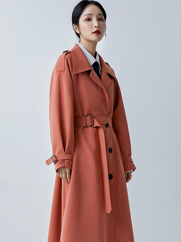

Женский Длинный Тренч с поясом, оранжево-красный Повседневный Тренч с отложным воротником и длинным рукавом, Осень-зима