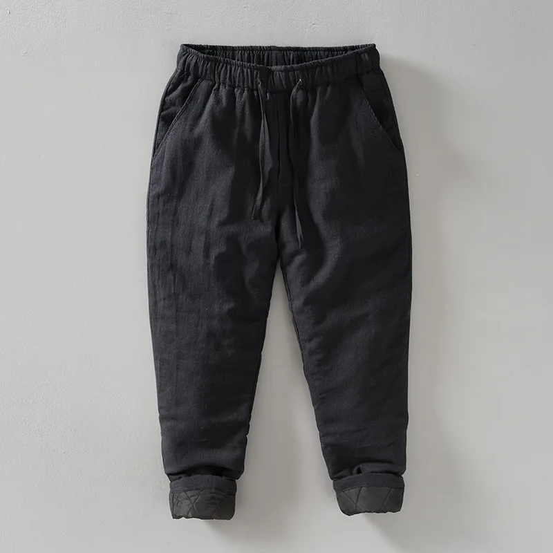 Cotton Linen Men Comfortable Thicken Pants Winter Cozy Fashion Elastic Waist Retro Loose Casual Warm Fleece Ramie Padded Trouser 3