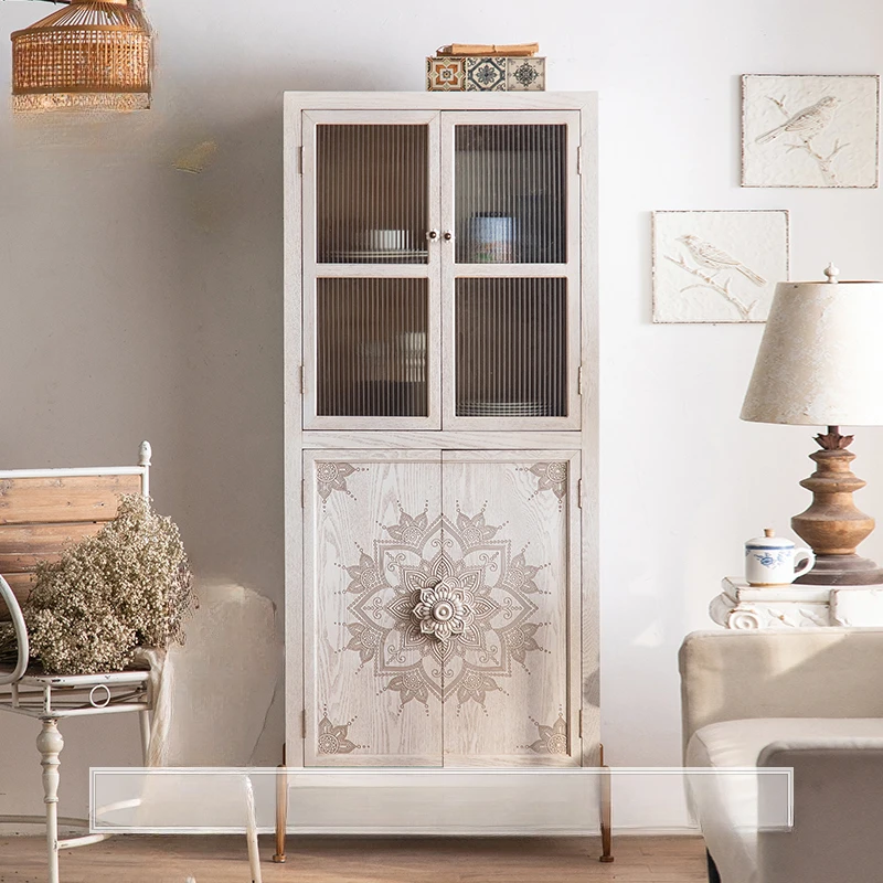 

French Retro Entrance Cabinet White Home Cabinet Locker Light Luxury Solid Wood Sideboard