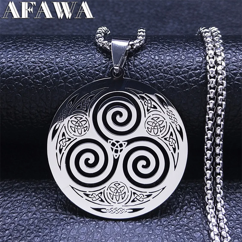 Collana Uomo Donna Con Nodo Celtico Triskele E Luna | Ciondolo In Acciaio Inossidabile 3,2x3,5 Cm | Gioiello Wiccan Irlandese