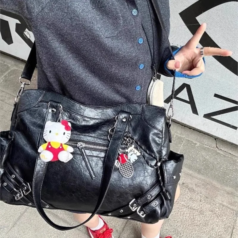 Hot Girl Retro Black Tote Bag Women Studded Leather Textured Large Capacity Shoulder Bag Ladies Edgy Cool Punk Y2k Crossbody Bag