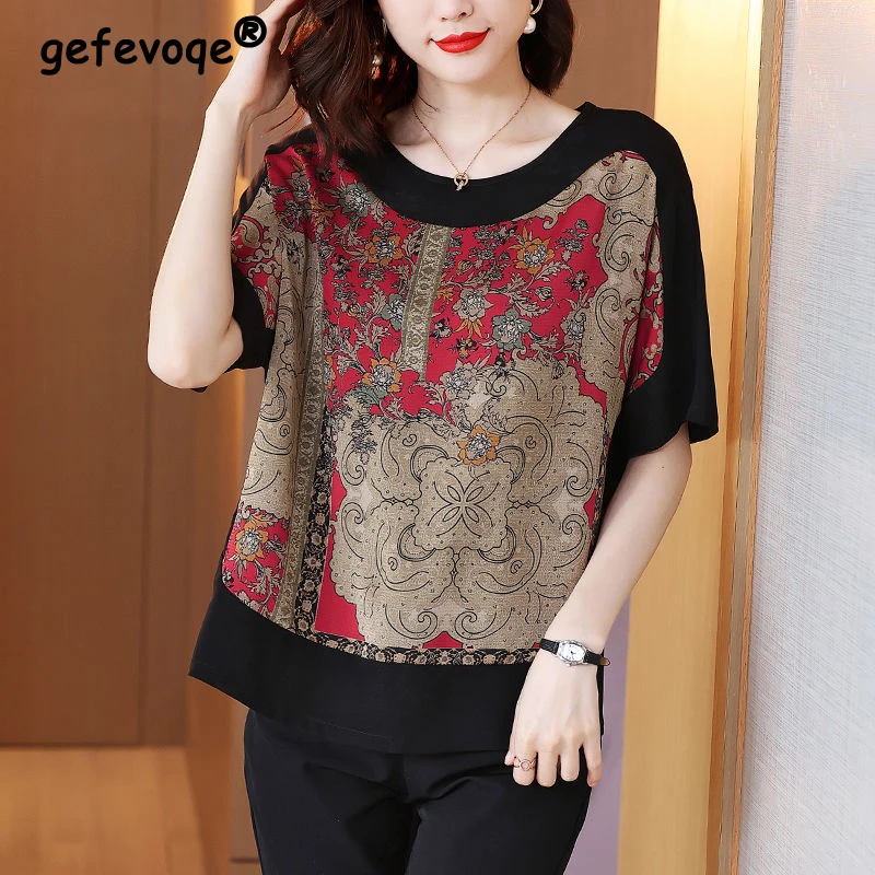 

Women Retro Harajuku Print Chiffon Blouse 2022 Female Casual Loose Shirts Summer Short Sleeve Round Neck Middle-aged Mother Tops