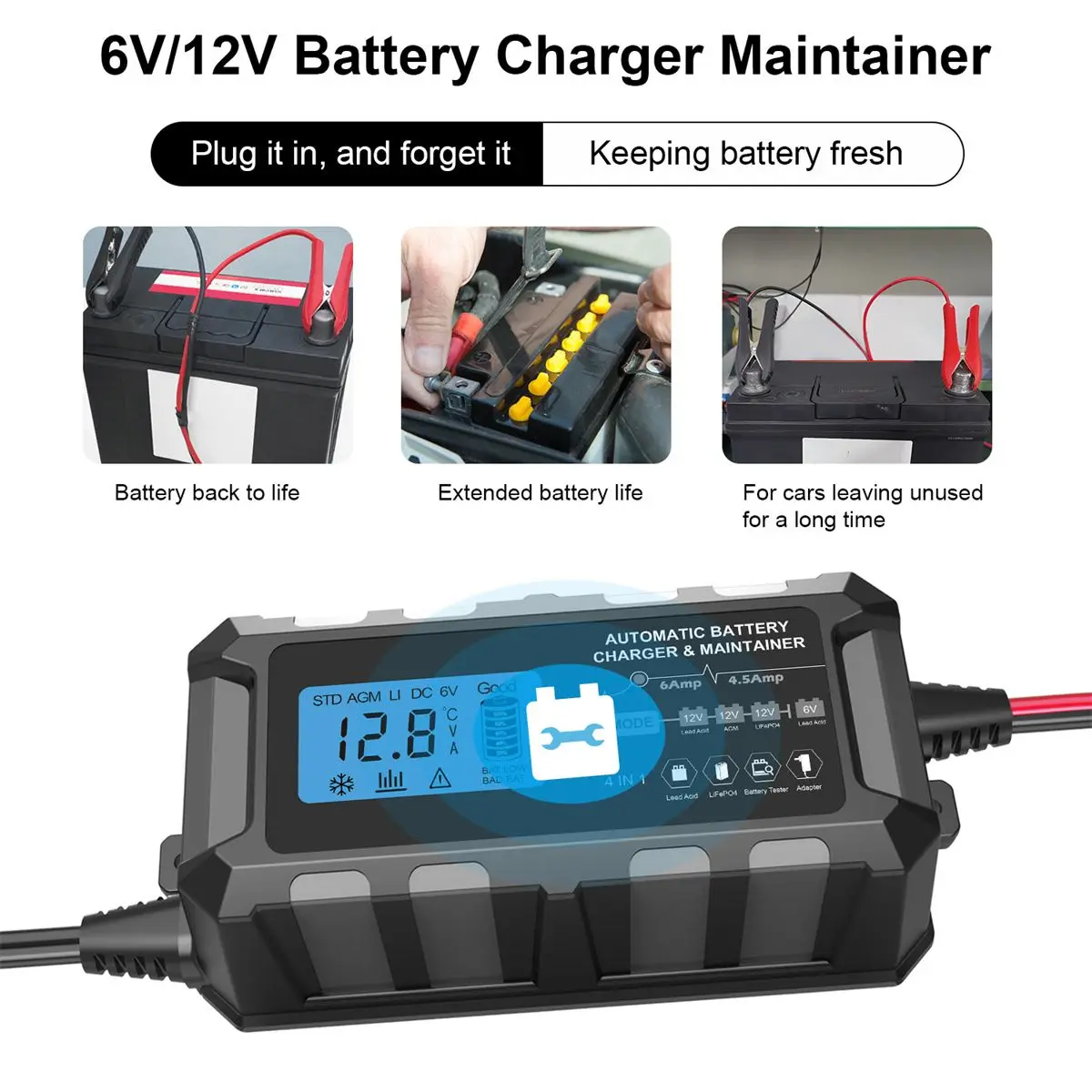 Cargador batería coche 6V 12V pantalla LCD 7 niveles carga