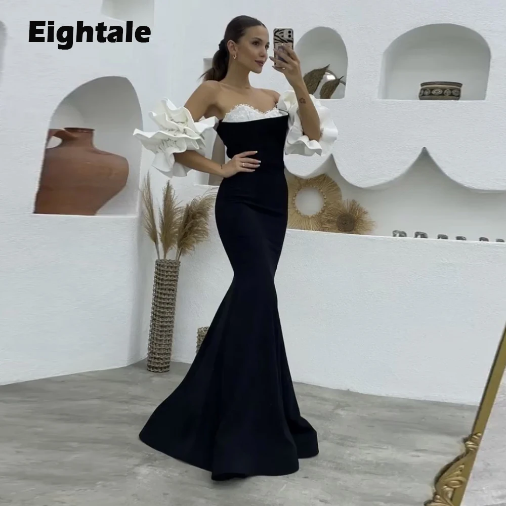 Eightale White and Black Evening Dresses Mermaid Satin Beaded