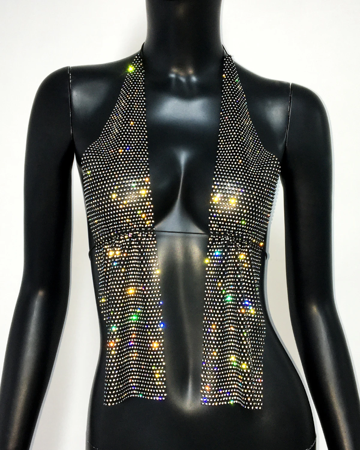 FestivalQueen Fashion Mesh Cardigan Top Open Back Top Neckholder Strass Crop Top Durchsichtiges Strass Netz Netz Halter Tank – Detail 9