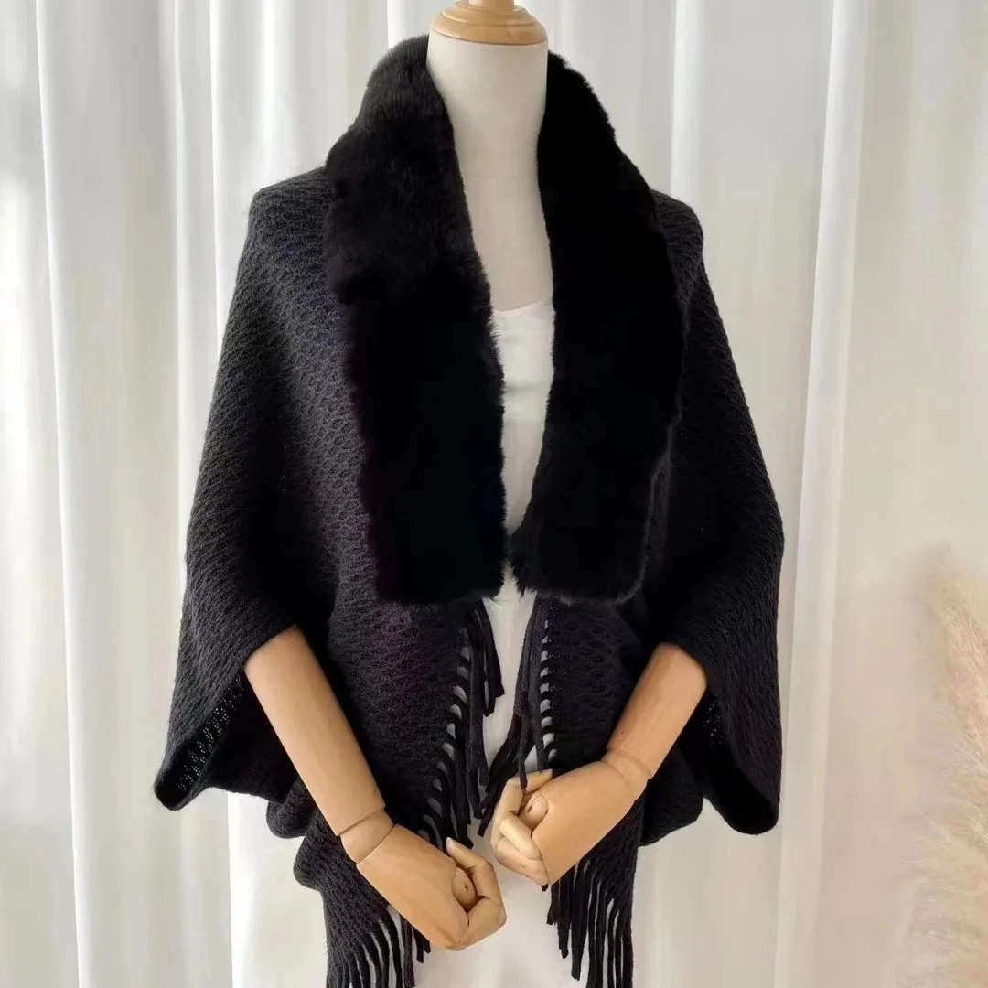 

Poncho Cloak Autumn and Winter New Versatile Imitate Wool Neck Shawl Mesh Knitted Cape Tassel Scarf Women Fashion Coat Black