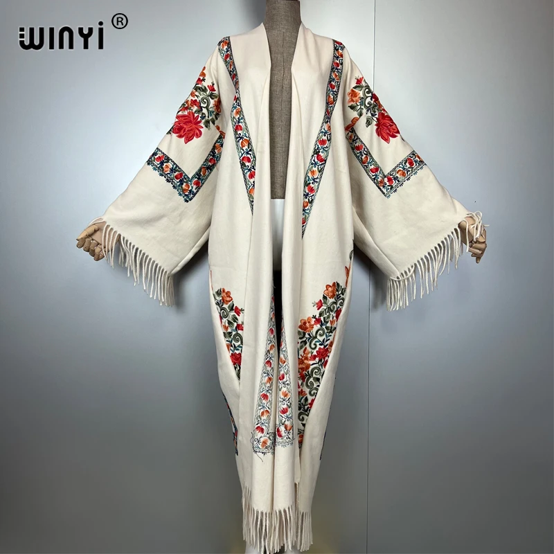 WINYI Winter Women tassel Embroidery Long Coat Loose robe
