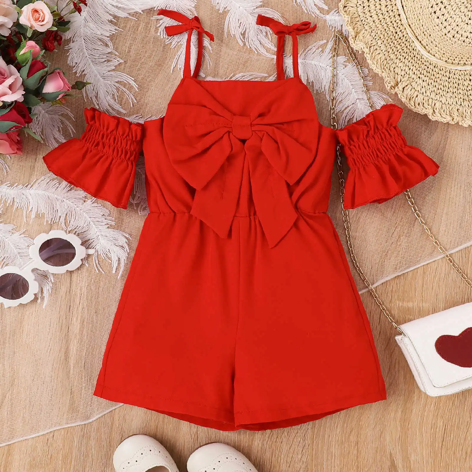

Kids Girls Summer Trend Strapping Suspender Off Shoulder Bow Tie Short Sleeved Jumpsuit Shorts Princess Party Children Clothes