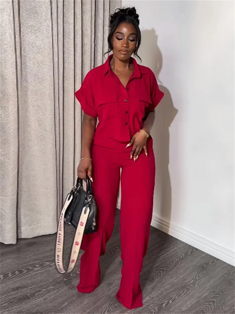 Wmstar Two Piece Set Women's Clothing Pants Sets Solid Button Shirt Top Leggings Pants Matching Summer Wholesale Dropshipping