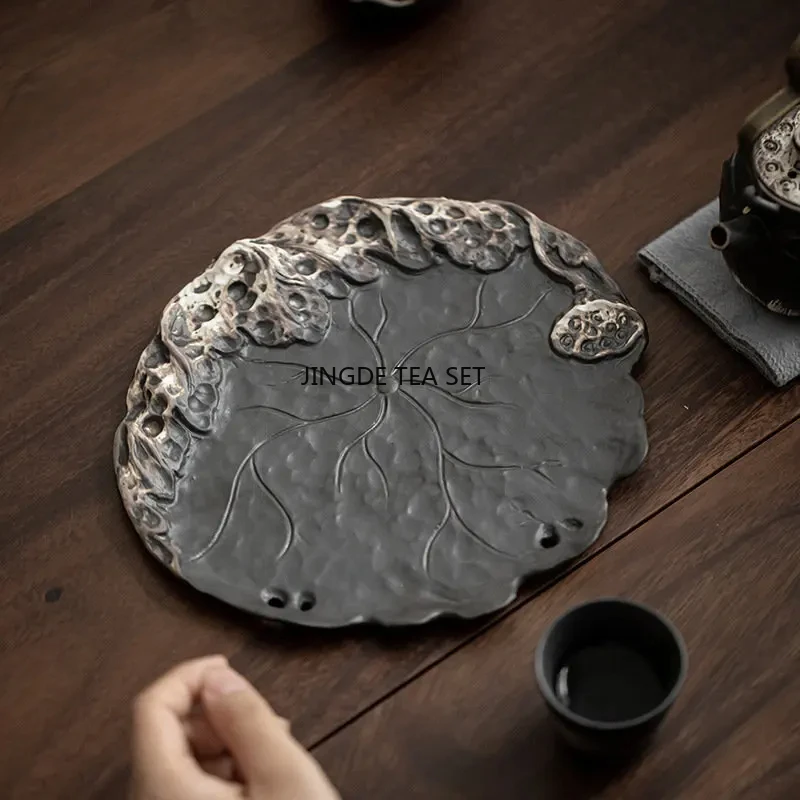 Ceramic teapot with lotus leaf design dry brewing tray, small tea tray vintage coffee table Kung Fu tea accessories