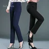 Spring Autumn Casual Button Elastic Mid Waist Black&Navy Blue Straight Trousers Office Lady Quick Drying Suit Pants Female 2