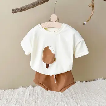 Neonato Estate Bambino Set di abbigliamento per bambini Ragazzo Ragazza 2 pezzi T-shirt con toppe gelato + Pantaloncini a triangolo Vestito infantile in cotone Bambini 0-3 anni 1