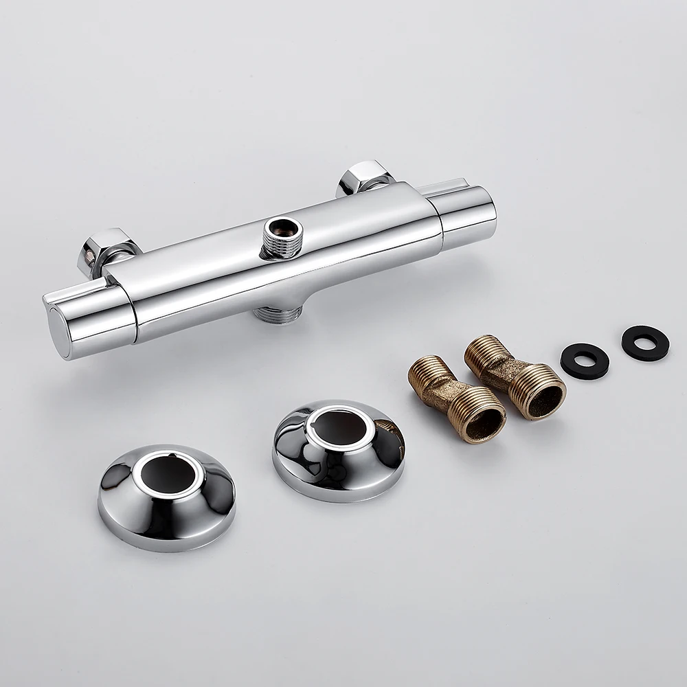 Bath Shower Faucet Thermostatic Wall Mounted Mixer Valve Tap Temperature Control Rain Shower Chrome Twin Outlet