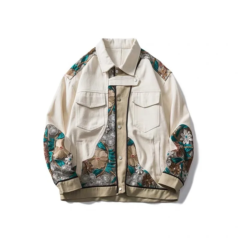 

Men Streetwear Jacket Cotton Japanese Embroidery Patchwork Varsity Jacket Vintage Harajuku Loose Coat Unisex Spring Oversize Top