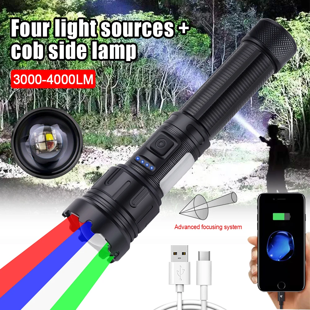 

30W 4 in 1 Zoomable Hunting Flashlight 4000LM White+Green+Red+Blue 7 Modes Multi-color Outdoor Waterproof Type-C Charging Torch