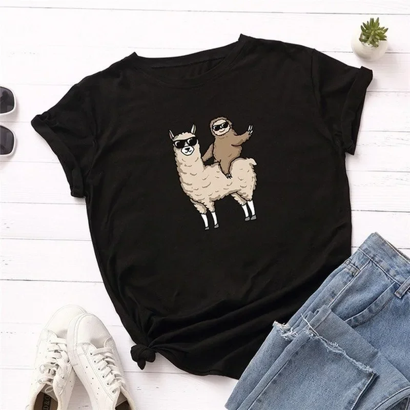 

Funny Sloth Alpaca Print Women T Shirt New Style Short Sleeve O Neck Loose Fashion Aesthetic Harajuku Casual Tee Shirt Tops