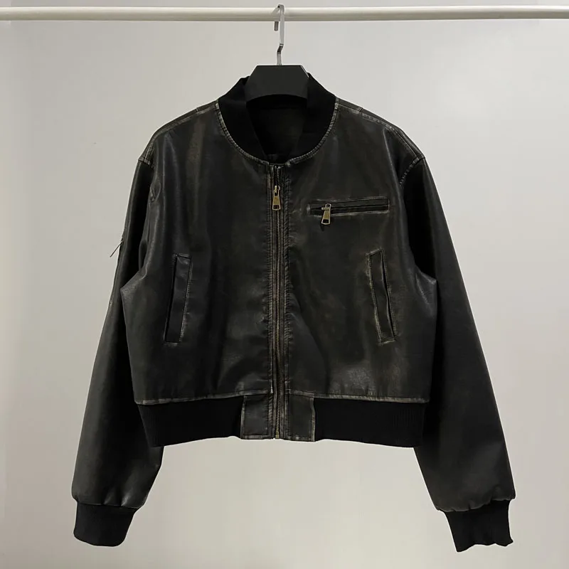 [YOZOU] Vintage Oversized Black Brown Clean Fit PU Faux Eco Leather Bomber Jacket Zipper Coat Streetwear Stylish Outerwear