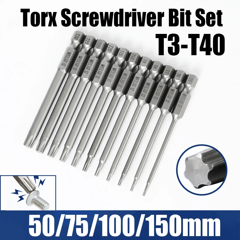 

50/75/100/150mm T3-T40 Torx Screwdriver Bits Set Hex Shank Security Tamper Proof Electric Screwdriver Drill Bits Impact Driver