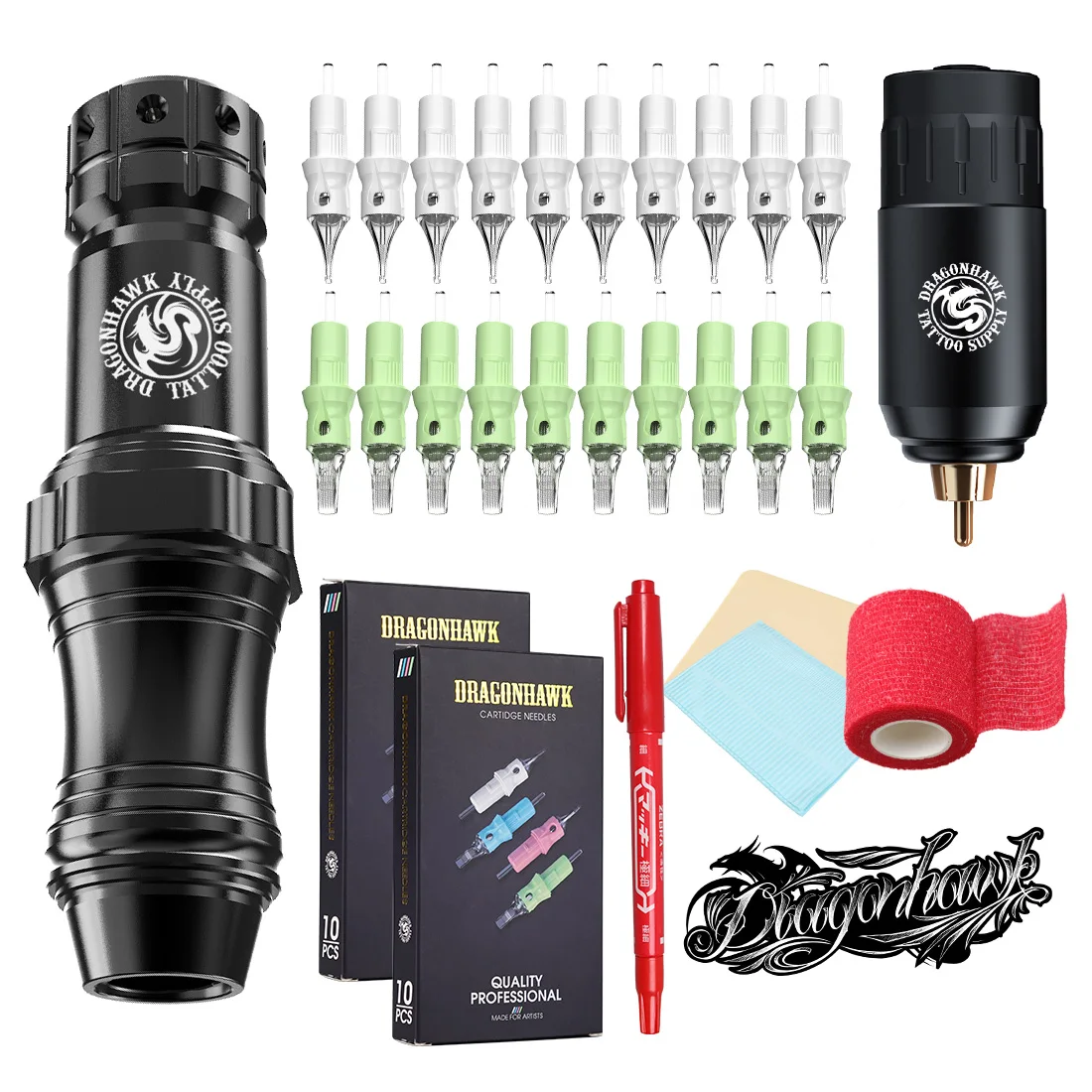 

Rotary Tattoo Machine Kit 3.5mm Stroke Dragonhawk Black Queen with Mini Rechargeable Wireless Battery Cartridges Set