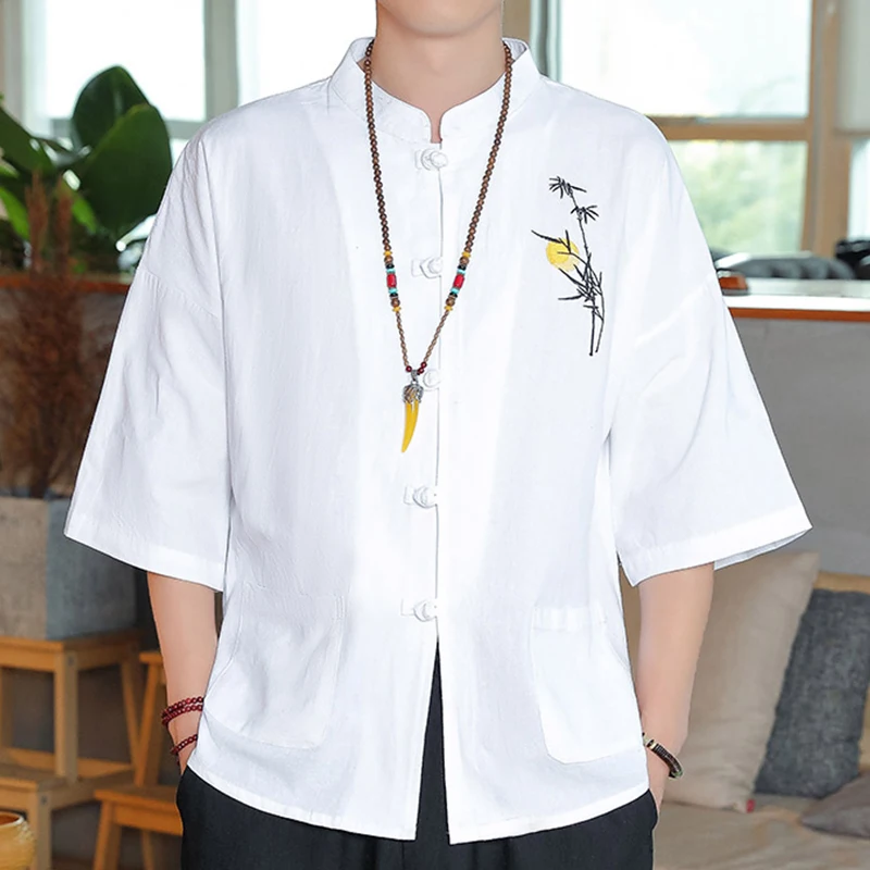 

Casual men linen shirt Summer casual half sleeved Tang suit Hanfu embroidery Chinese style standing collar T-shirt Men clothing