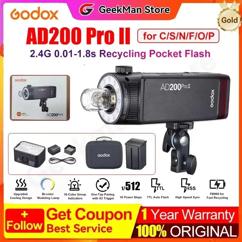 Godox AD200 Pro – Flash TTL Portatile 2900mAh, 500 Scatti A Piena Potenza, Ricarica 0.01-1.8s, HSS 1/8000s