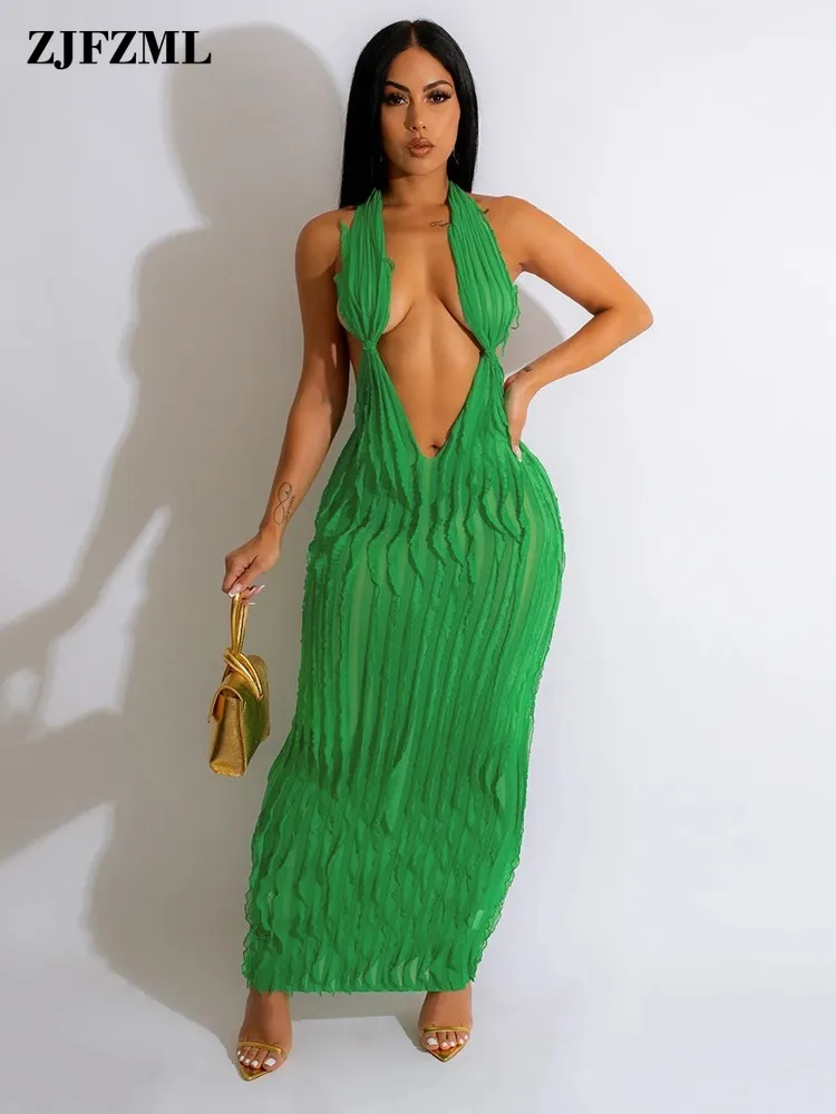 

Wave Striped Ruffles Bodycon Maxi Dress Women Sexy Halter Neck Cleavage Backless Sleeveless Package Hip Birthday Long Robe Femme