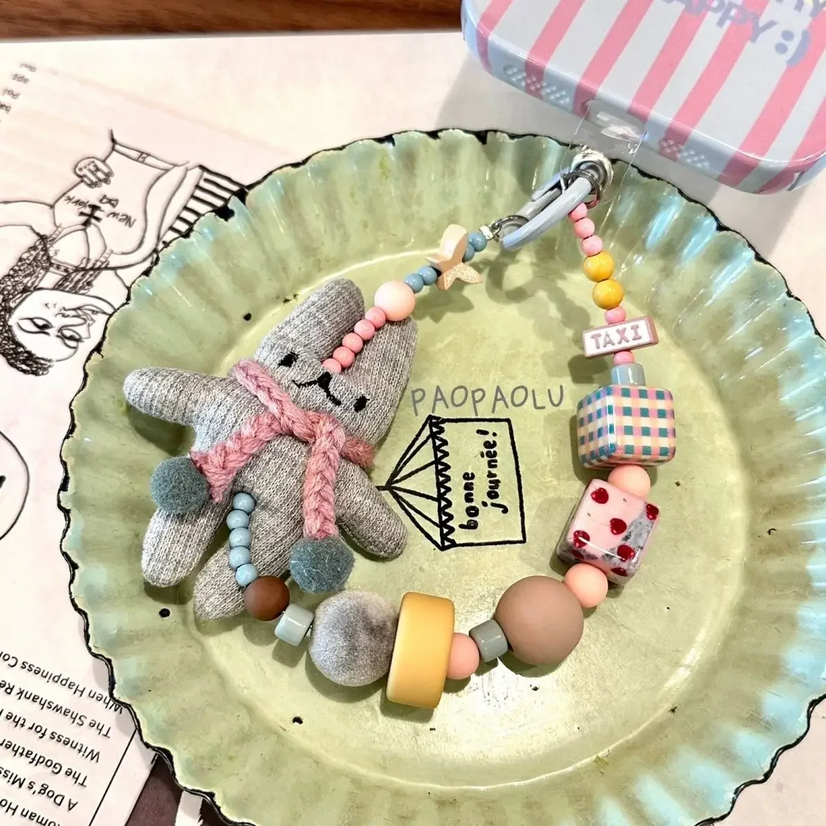 Handmade Rabbit Beaded Phone Strap Lanyard with Card Holder – Korean-Inspired Custom Design