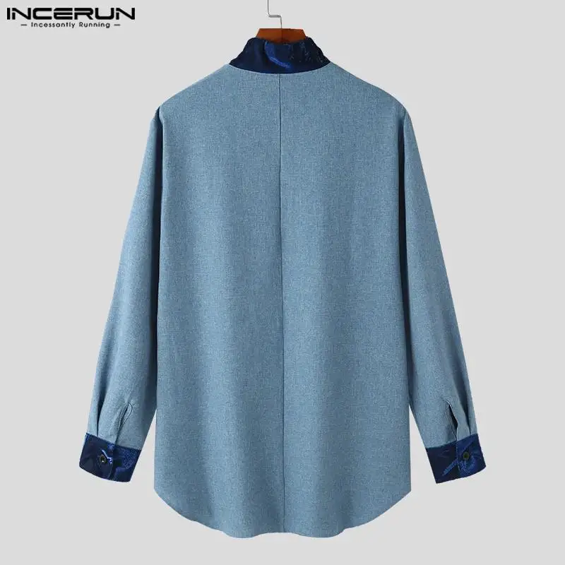 INCERUN Tops 2023 Muslim Style New Mens Hot Selling Shirts Dual Color Patchwork Design Standing Collar Long Sleeved Blouse S-5XL