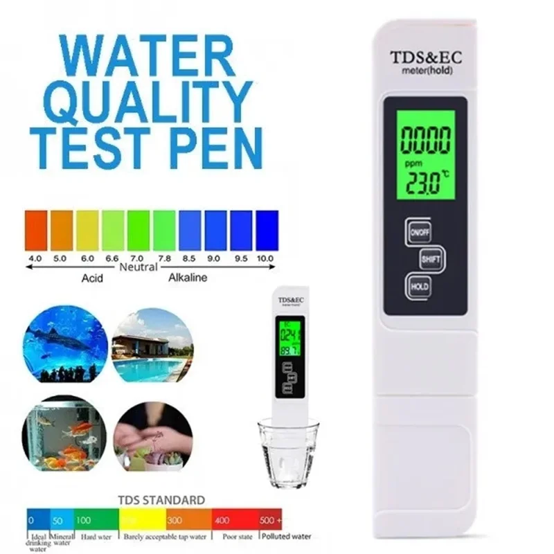 Water Quality Tester 3 in 1 TDS Drinking Water Quality Testing Pen EC Temperature Meter Digital LCD
