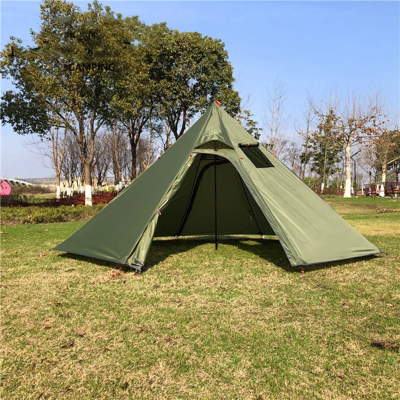 Ultralight Camping Pyramid Tent 1-2 Person Outdoor 4 Season Hiking Backpacking Tent Teepee Awnings Shelter With Chimney Hole