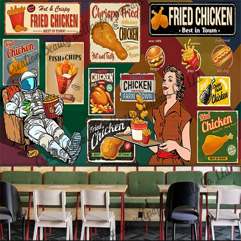 

Custom Fast Food Fried Chicken Wallpaper Industrial Decoration Mural Restaurant Burger Snack Bar Background Wall Papel De Parede