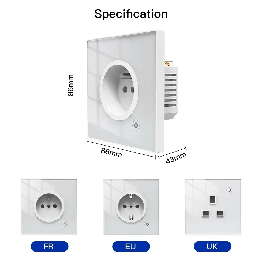 WiFi Tuya 스마트 16A 소켓 유리 패널 콘센트 전원 모니터 터치 플러그 릴레이 상태 조명 모드 조정 가능한 스마트 라이프 App Alexa