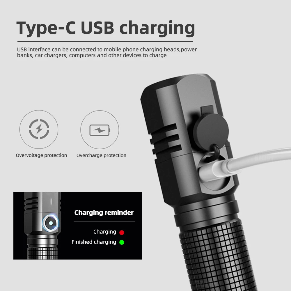 슈퍼 브라이트 미니 LED 손전등, USB 토치, 충전식 줌 낚시 랜턴, 강력한 3 가지 조명 모드, 캠핑 램프, XHP50