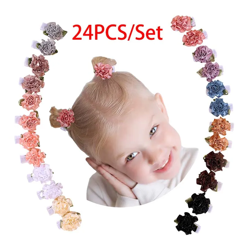 ncmama 24Pcs/Set Simulated Flower Hair Clip for Baby Toddler Cute Rose Hairpin Kids Barrettes Princess Headwear Hair Accessories