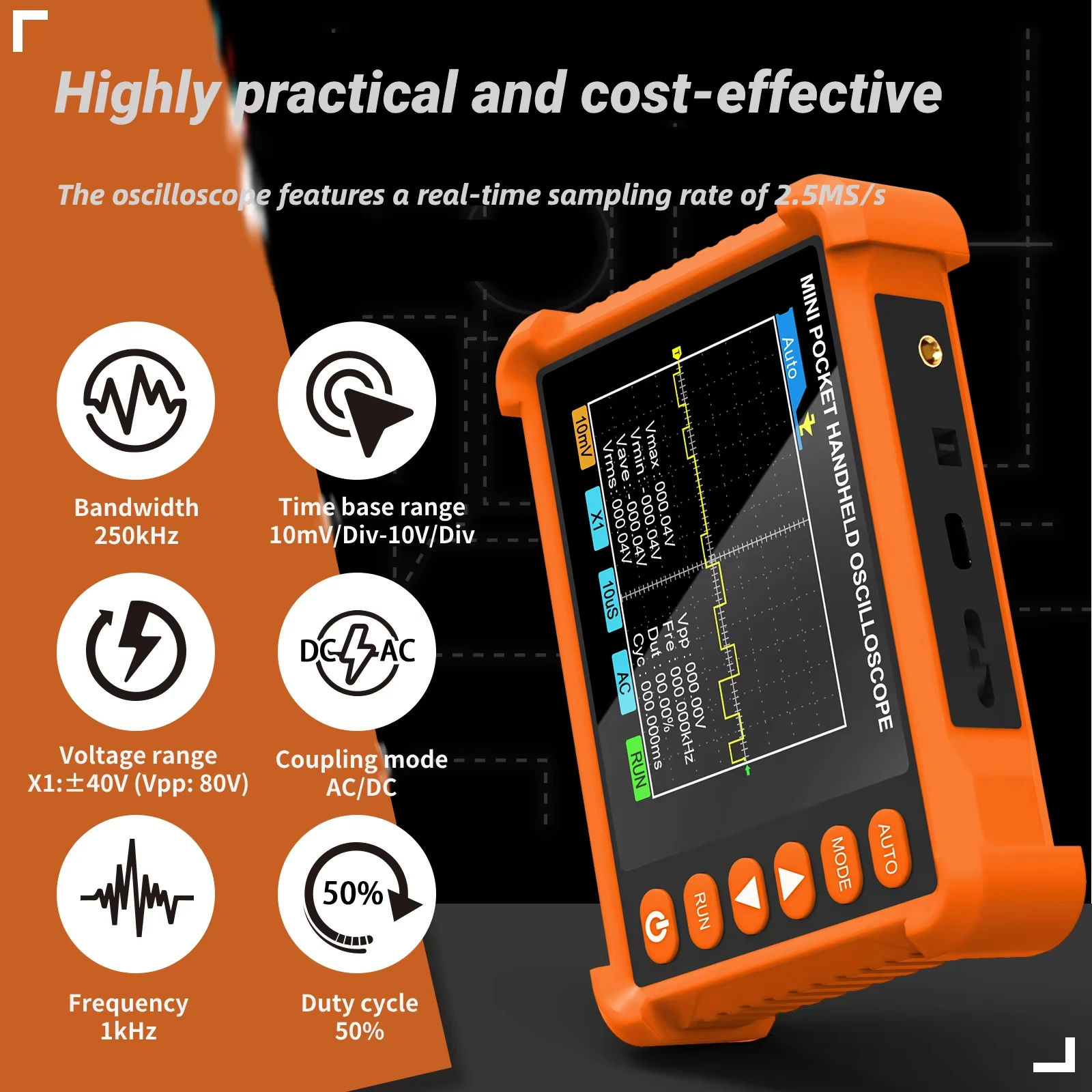 Digital handheld Oscilloscope Bandwidth:250kHz Sampling rate:2.5MS/s AUTO measurement rechargeable Complete triggering function