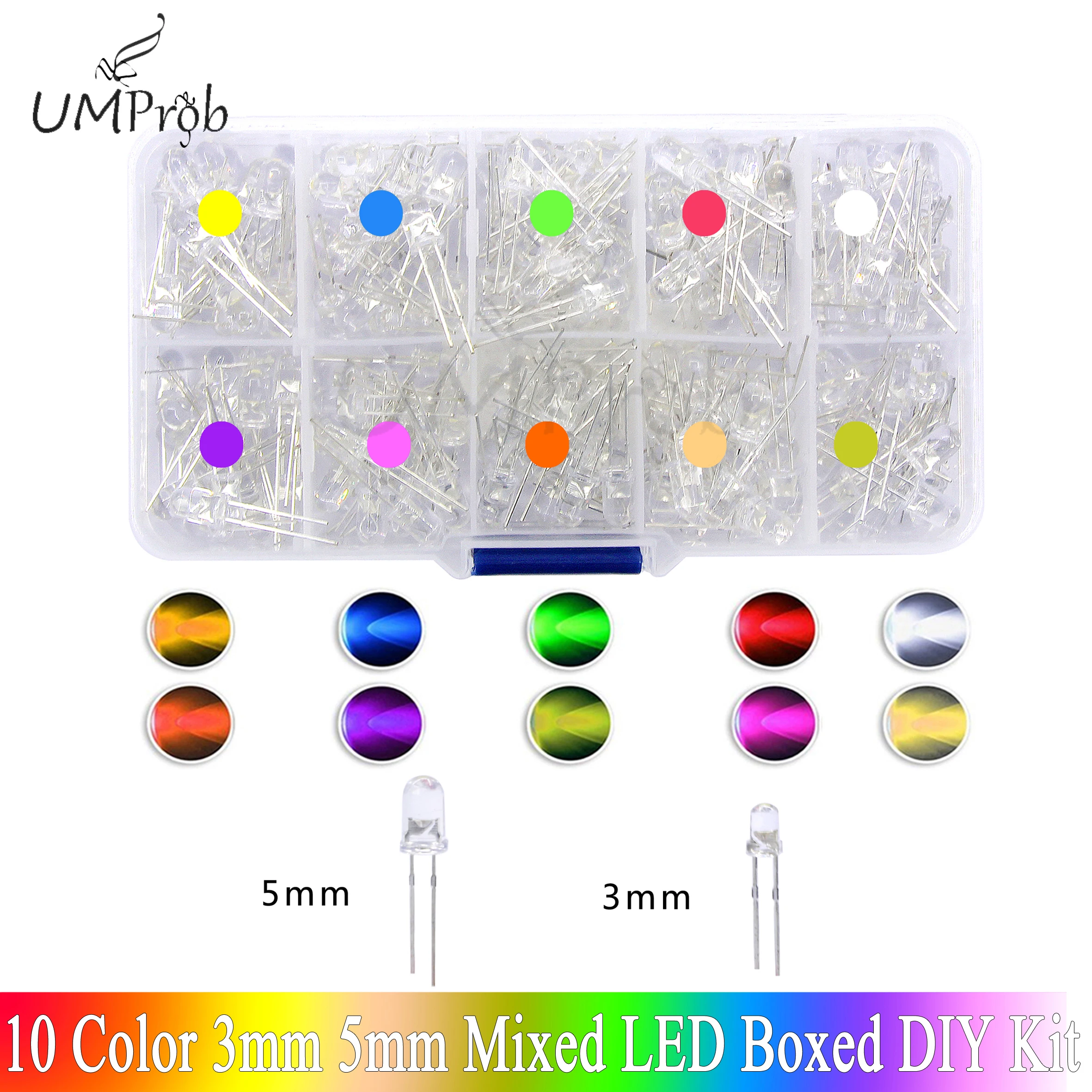 LED Diode Assorted Kit 3mm 5mm White Green Red Blue Yellow Orange F3 F5 Light Emitting DIY Electronic