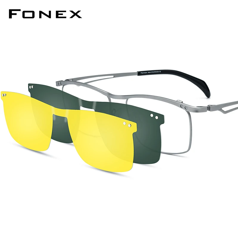 FONEX Titanium Glasses Frame Men Square Magnet Clip Eyeglasses Night Vision & Polarized Lens Japanese Ultralight Eyewear 85759