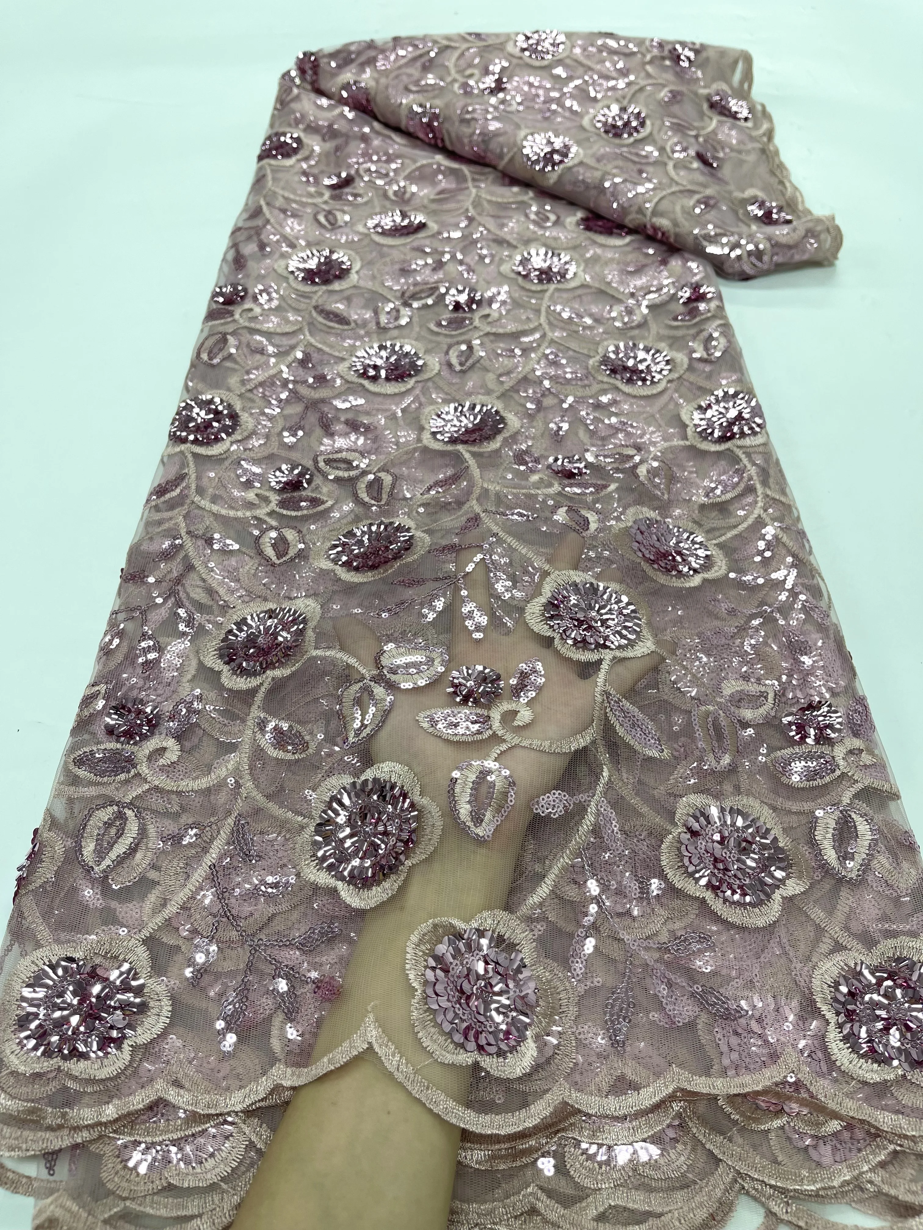

5 Yards 2023 African Tulle Sequins Lace Fabric High Quality French Mesh Embroidery Lace Fabric For Bridal Wedding Cloth Dresses