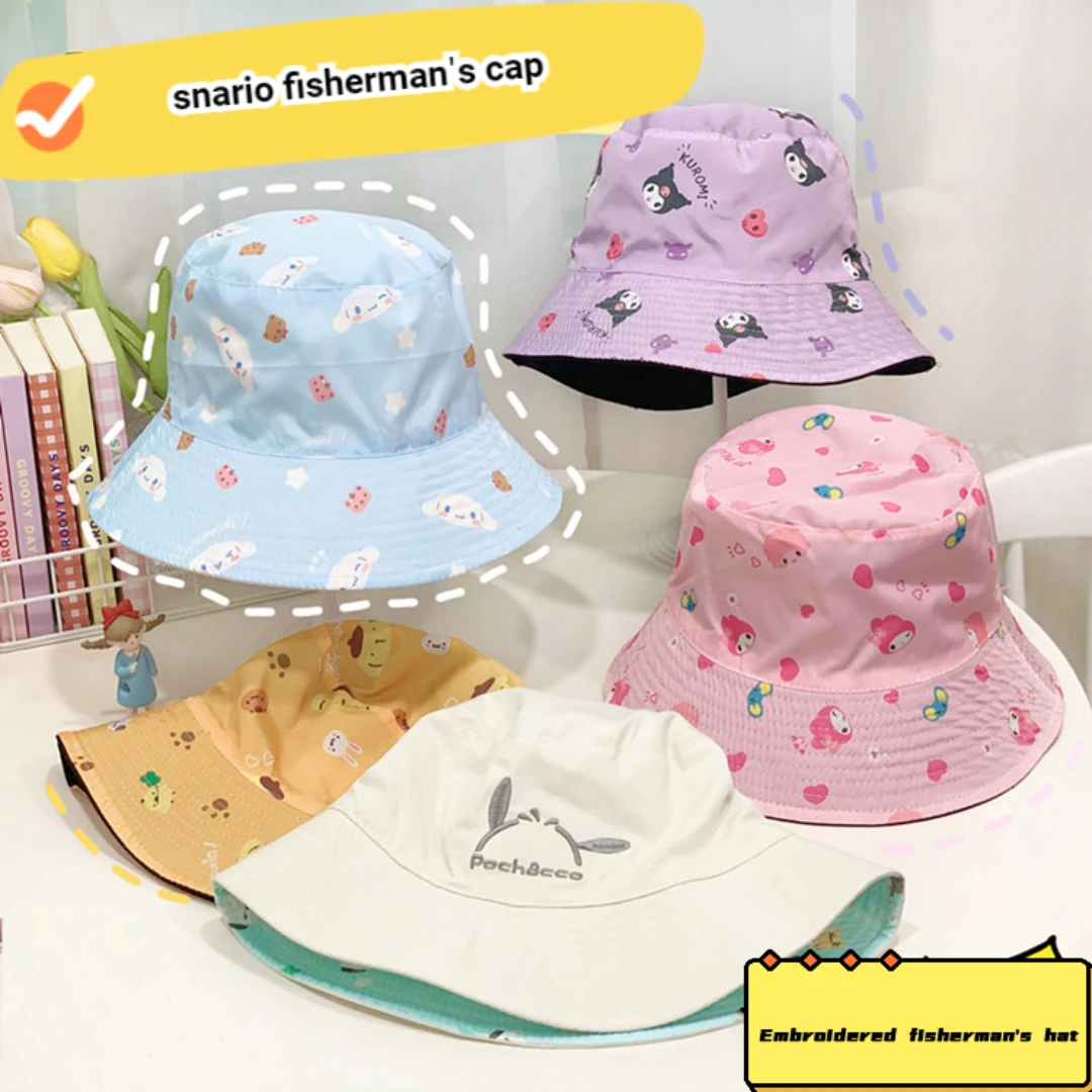 

Kawaii Sanrio Hello Kitty Fisherman'S Hat Cinnamoroll Sun Hat Cute Cartoon Girl Heart Bucket Hat Sunscreen Gift
