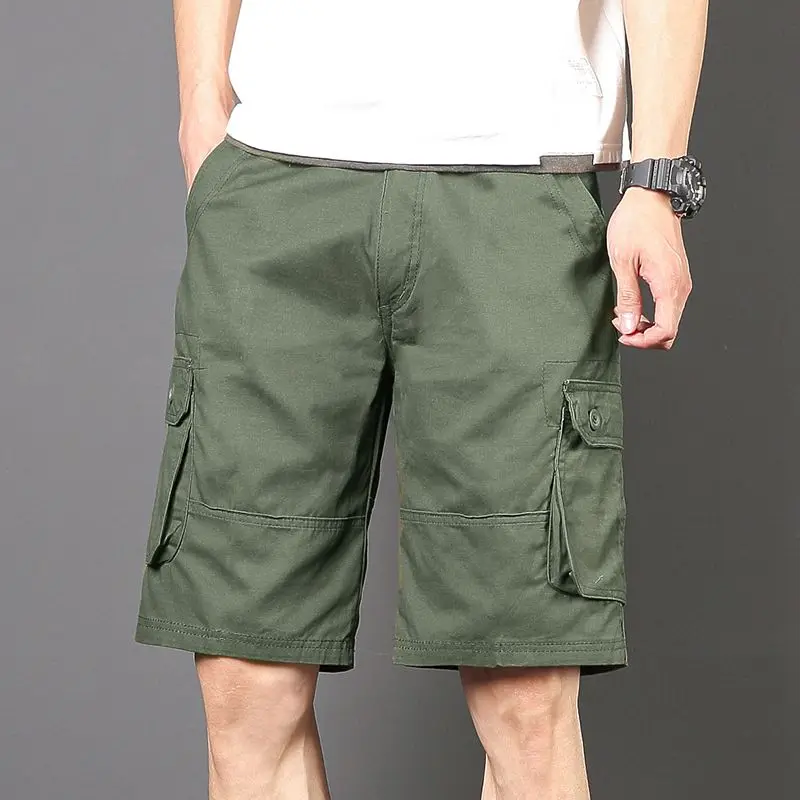 thumbnail image 1 of Pantalones cortos cargo negros largos para hombre, pantalones cortos verdes por encima de la rodilla para hombre, pantalones cortos desgastados con bolsillo frontal ancho y cintura elástica para hombr, 1 of 4
