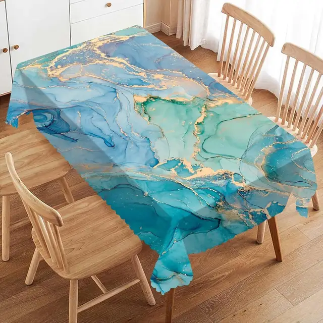 Nappe fluide de luxe en marbre turquoise, couverture de table abstraite dorée turquoise de qualité supérieure pour une cuisine élégante, une salle à manger ou une fête 1